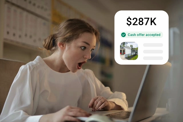 Amazed woman in a white long sleeve shirt using a silver laptop computer to review her cash offer, highlighting the quick and efficient process to sell my house fast in Mesquite, TX.